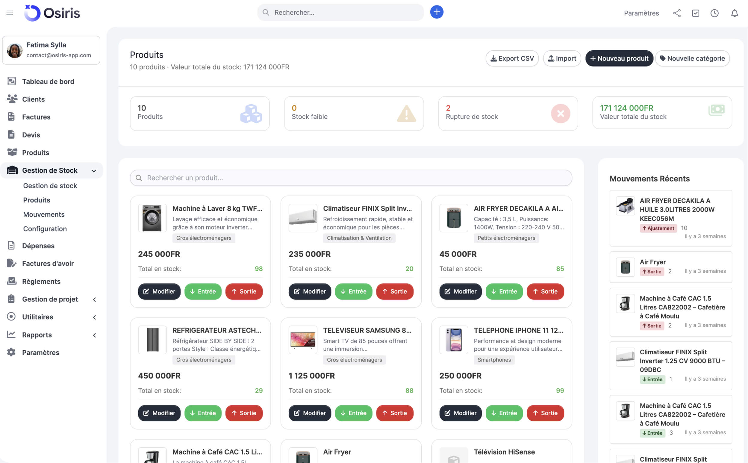 Osiris - Facturation, Gestion de stock et Gestion de projet - Dakar, Sénégal. logiciel de facturation en ligne Osiris tableau de bord facturation Osiris gestion de stock logiciel Osiris